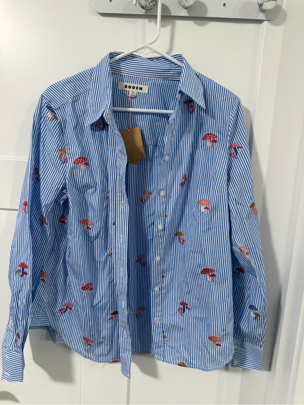 Boden Blue Stripe Button-Up Shirt with Mushroom Embroidery NWT size 14